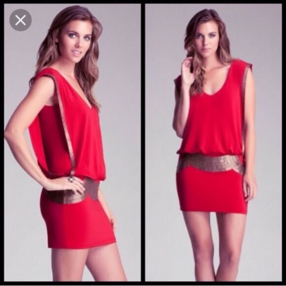 Bebe coral red gold sequin open sleeve V-neck mini dress Sz S - Picture 1 of 16